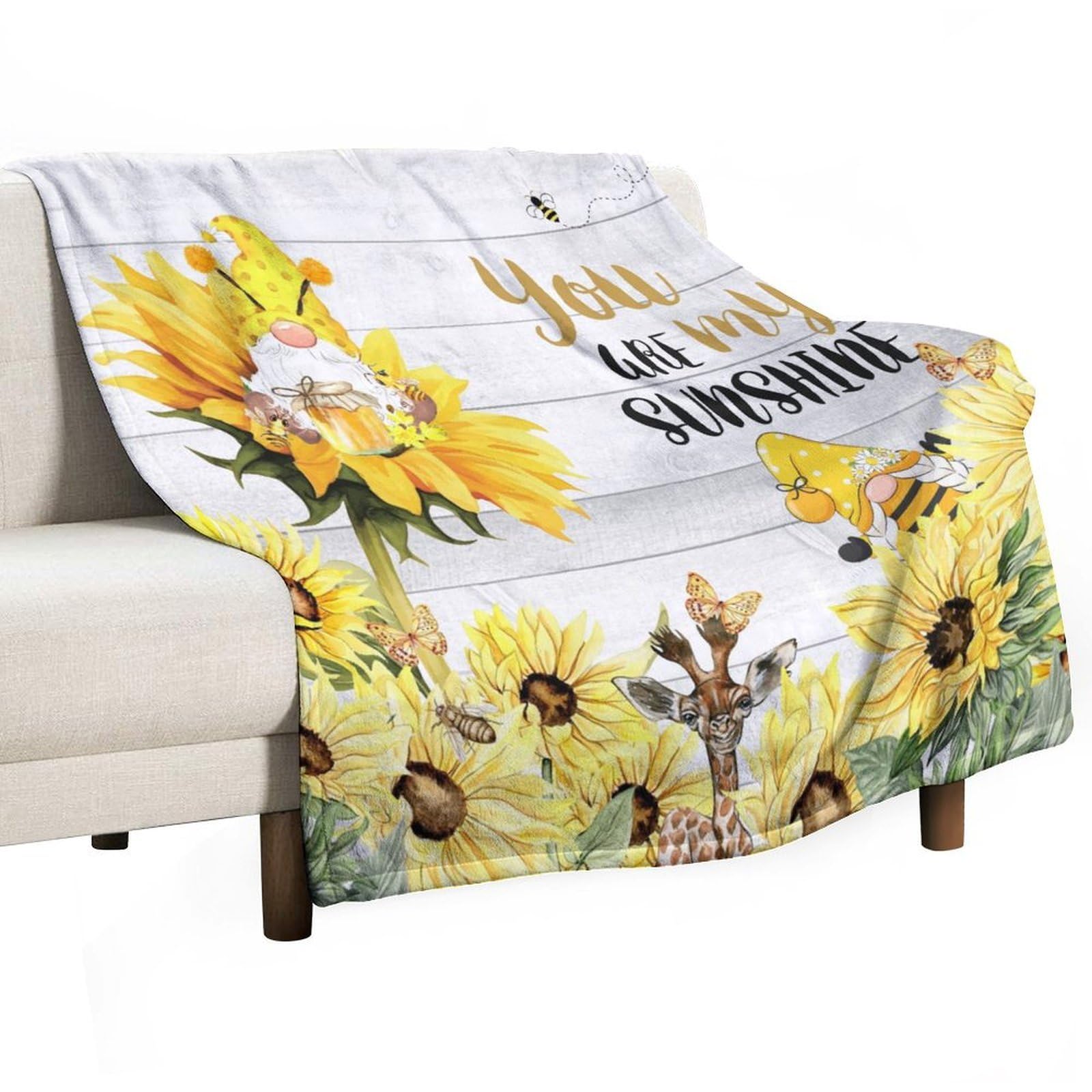 Sunflower Blanket Rustic Country Gnome Yellow Flowers on Wooden Printed Farmhouse for Bed Sofa Super Soft Cozy Shaggy Blanket for Trave and Camping 40"x50"