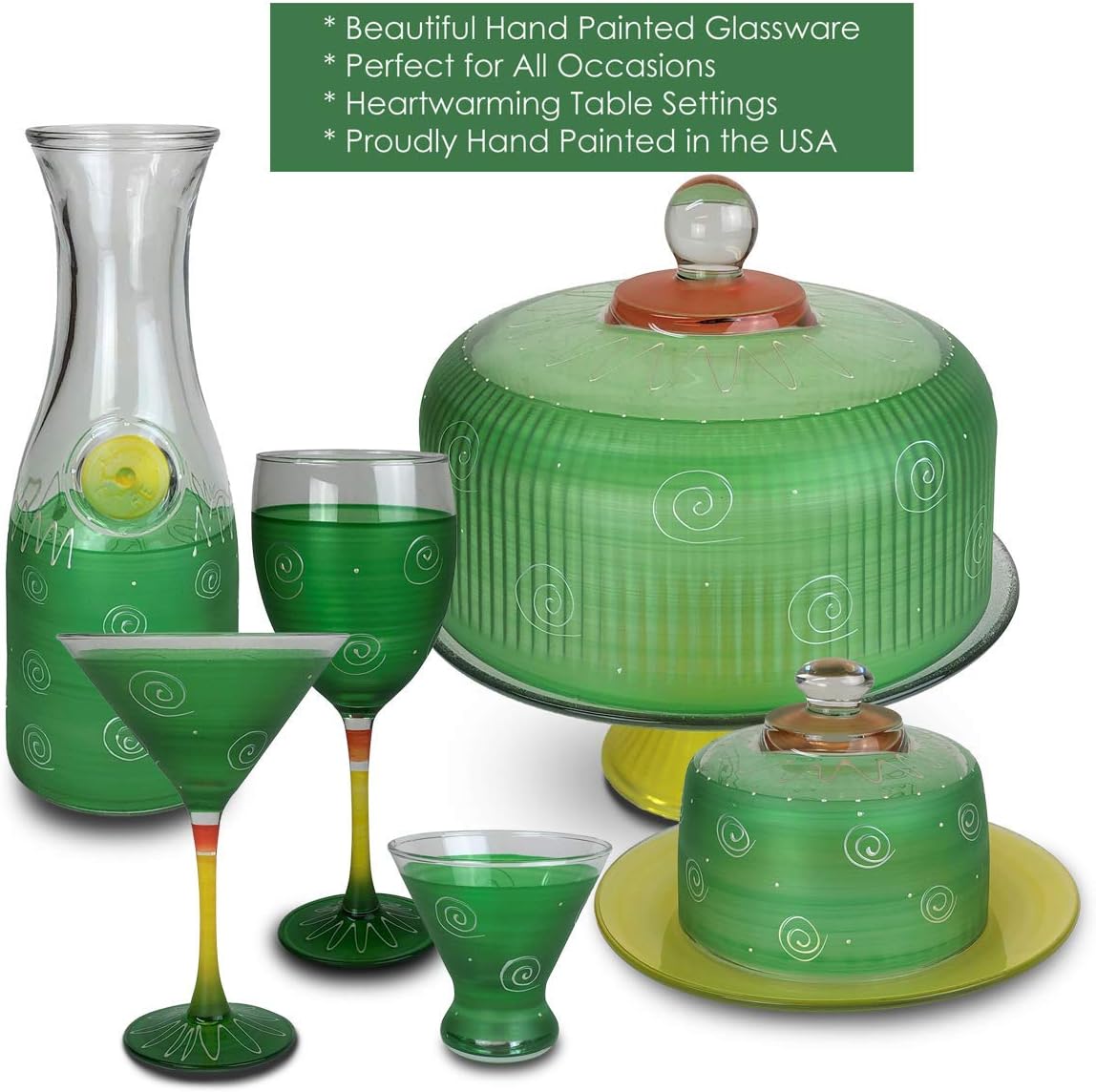 Hand Painted Margarita Glasses Set of 2 - Peruvian Splendor Dark Green Collection - Hand Painted Glassware by USA Artists - Unique and Decorative Margarita Glasses, Kitchen Table Décor