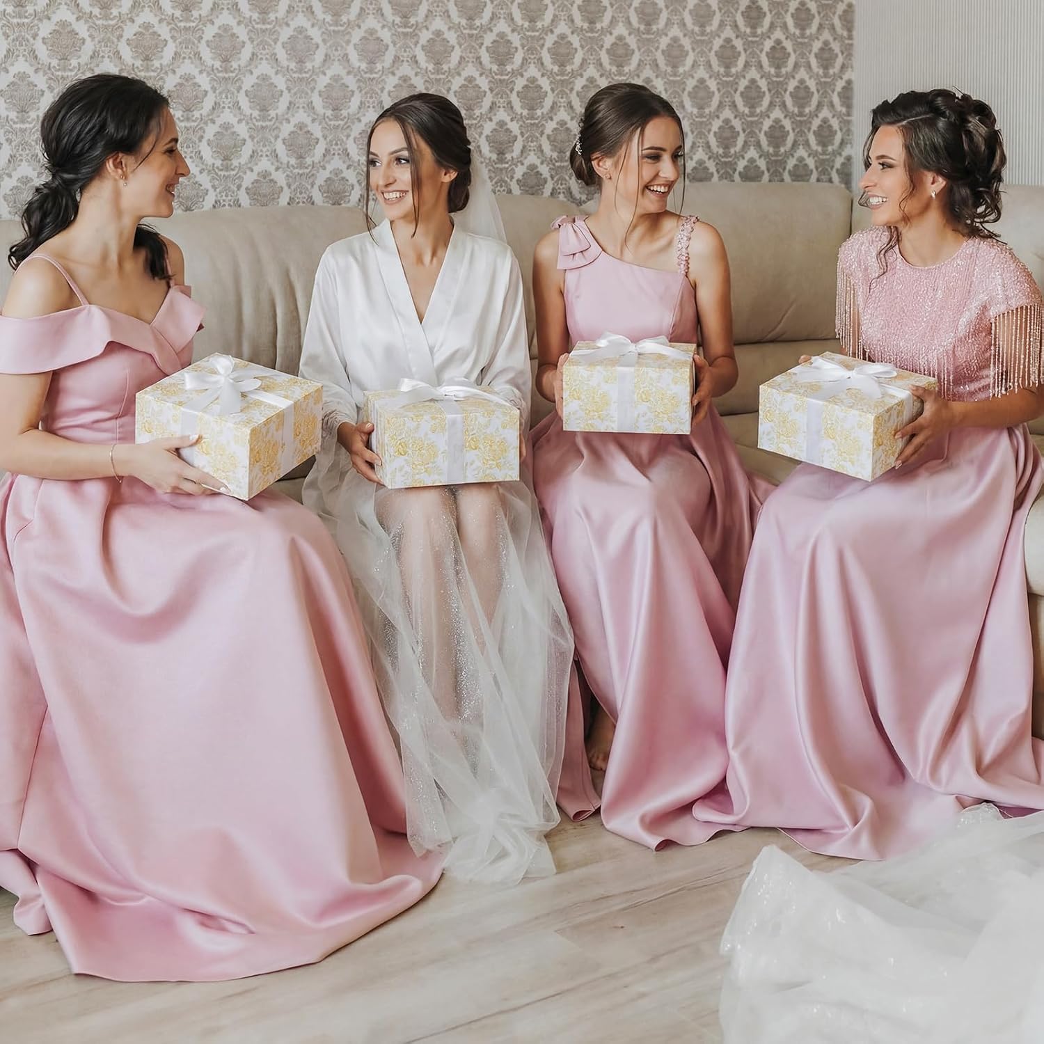 Faccito Gold 8 Pack Floral bridesmaid proposal Gift Boxes 8 x 8 x 4 Inch Flower Paper Boxes with Ribbon Label Card for Wedding Bridesmaid Gift Bridal Baby Shower Birthday Party Favor (Rose)
