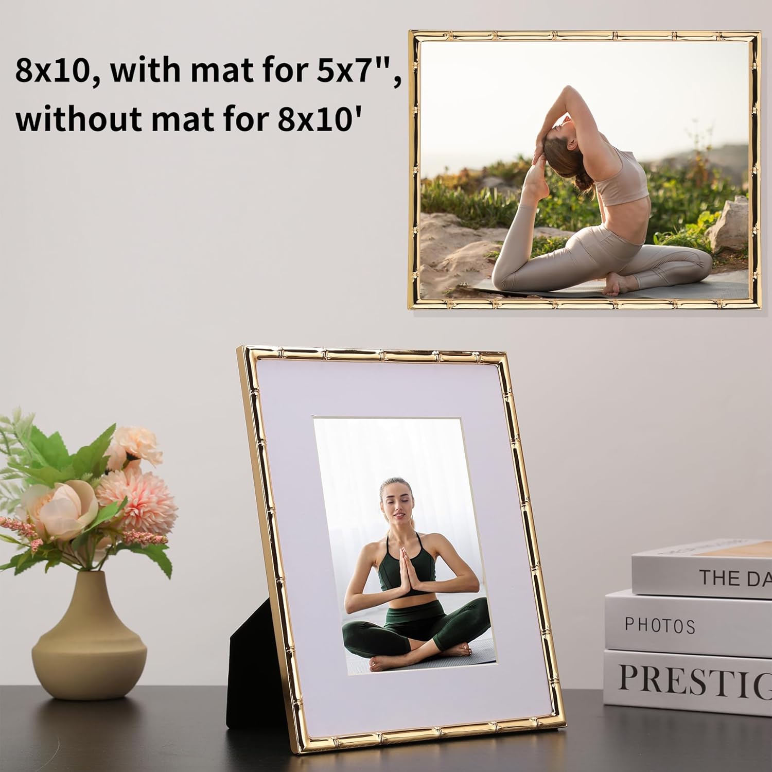 8x10'' Bamboo Detail Gold Metal Picture Frame with Acid Free Mat for 5x7'' Set of 2,Narrow Gold Plated Photo Frames 5 x7'' With Soft Touch Velvet Backing for Desktop and Wall Décor