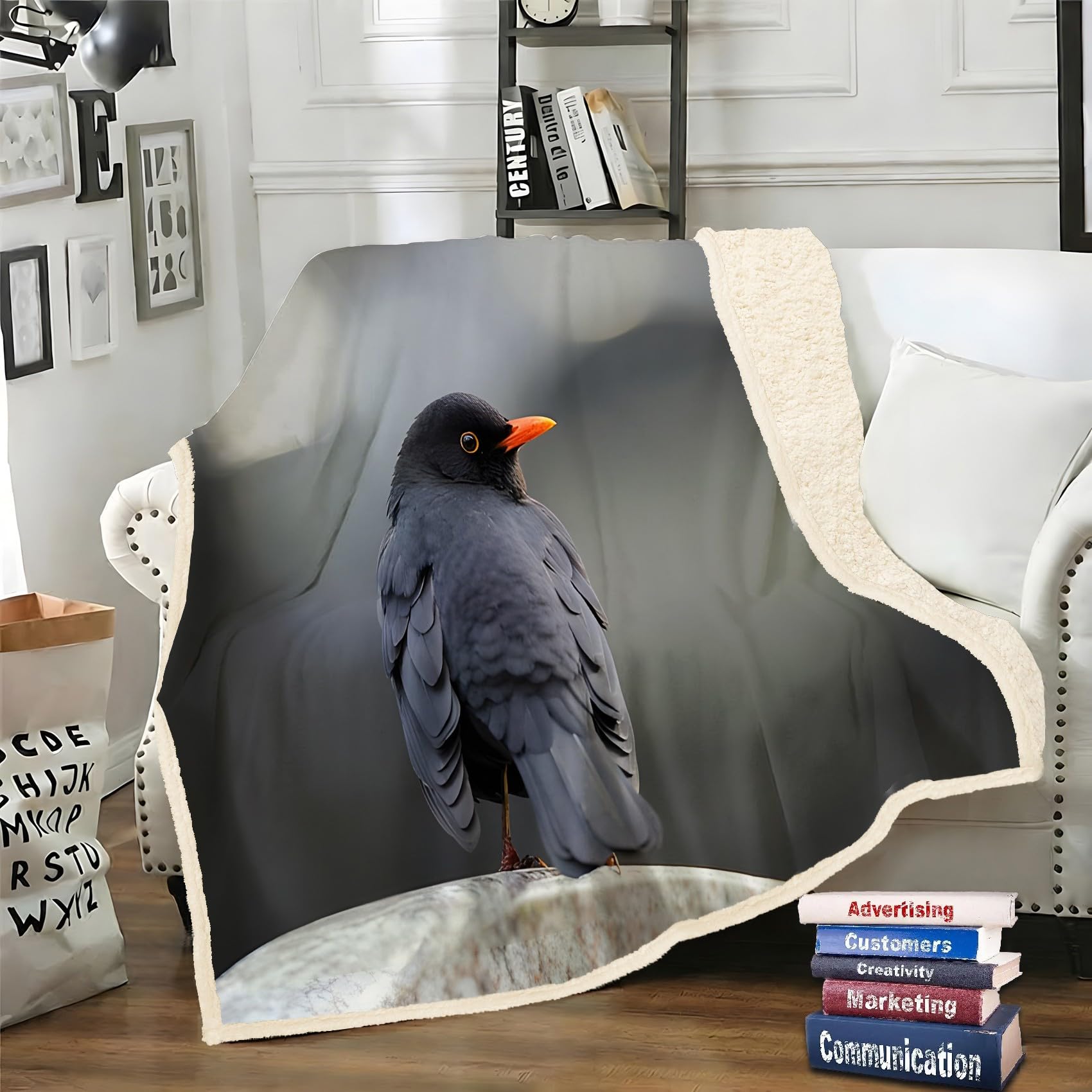 LLSZAHD Black Bird Sherpa Throw Animals Soft and Fluffy Fleece Throw Blanket, Cozy Bed Throw for Sofa, Armchair or Travel, 130 x 170 cm