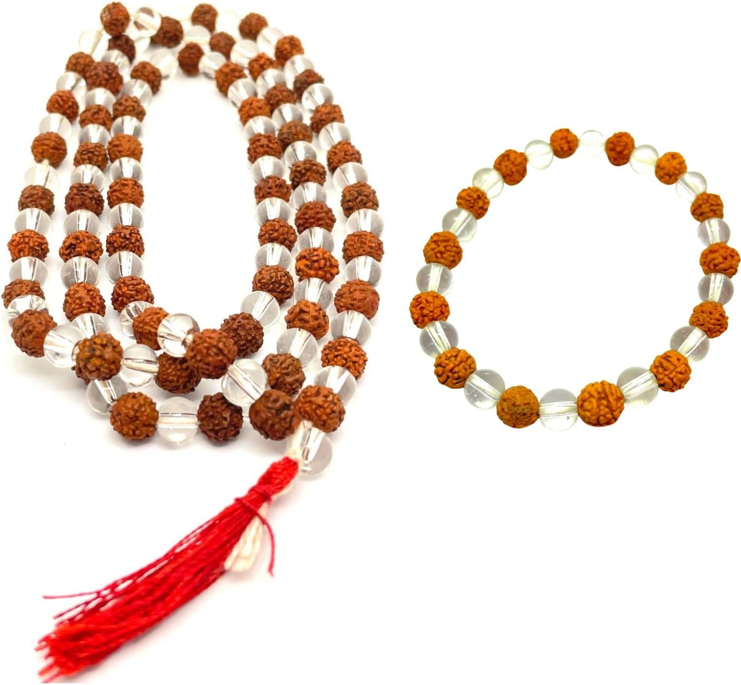 Naisha Rudraksha & Crystal Sphatik Beads Bracelet & 108 Beads Mala Natural Himalaya 5 face Rudraksh, Rosary Crystal, Wrist Mala Wrap, Bracelet Bead Size 7 mm (Pack of 2), Wood, rudraksha