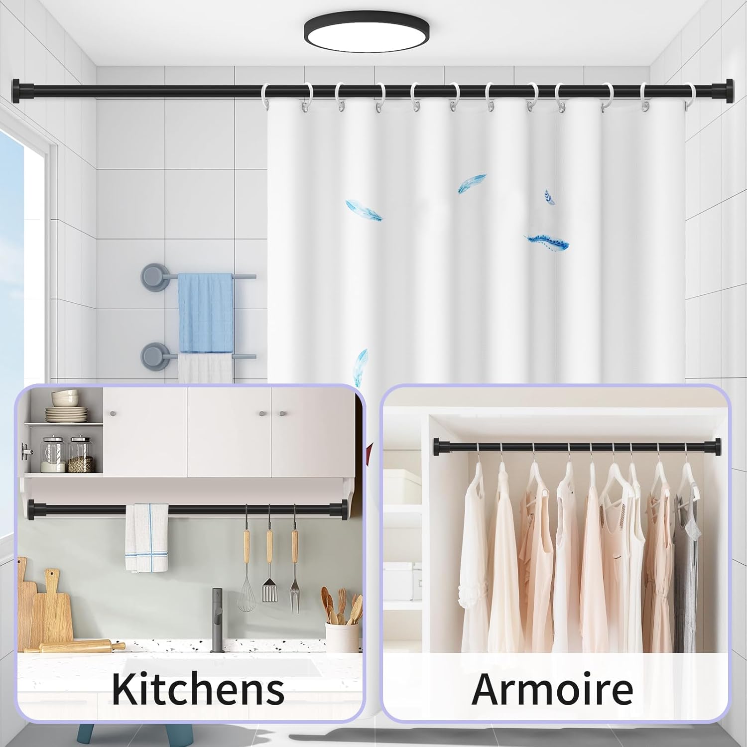 Shower Curtain Rod Spring Tension:Black Shower Rods for Bathroom 34 to 43 Inch,1 Inch Modern Heavy Duty Adjustable Tension Shower Curtain Rod No Drilling No-Slip Easy Install,Matte Black