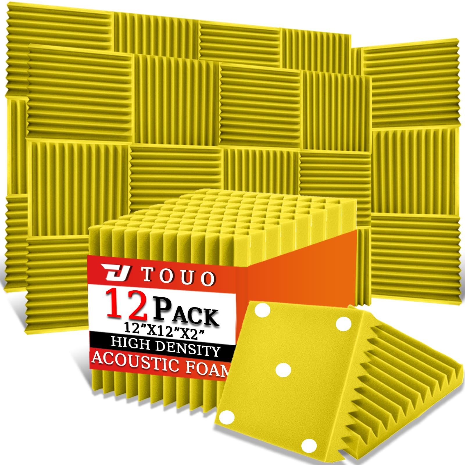 TOUO 12 Pack Acoustic Panels, Sound Proof Foam Panels for Wall 12"x12"x2", Flame Retardant Wedge Acoustic Foam