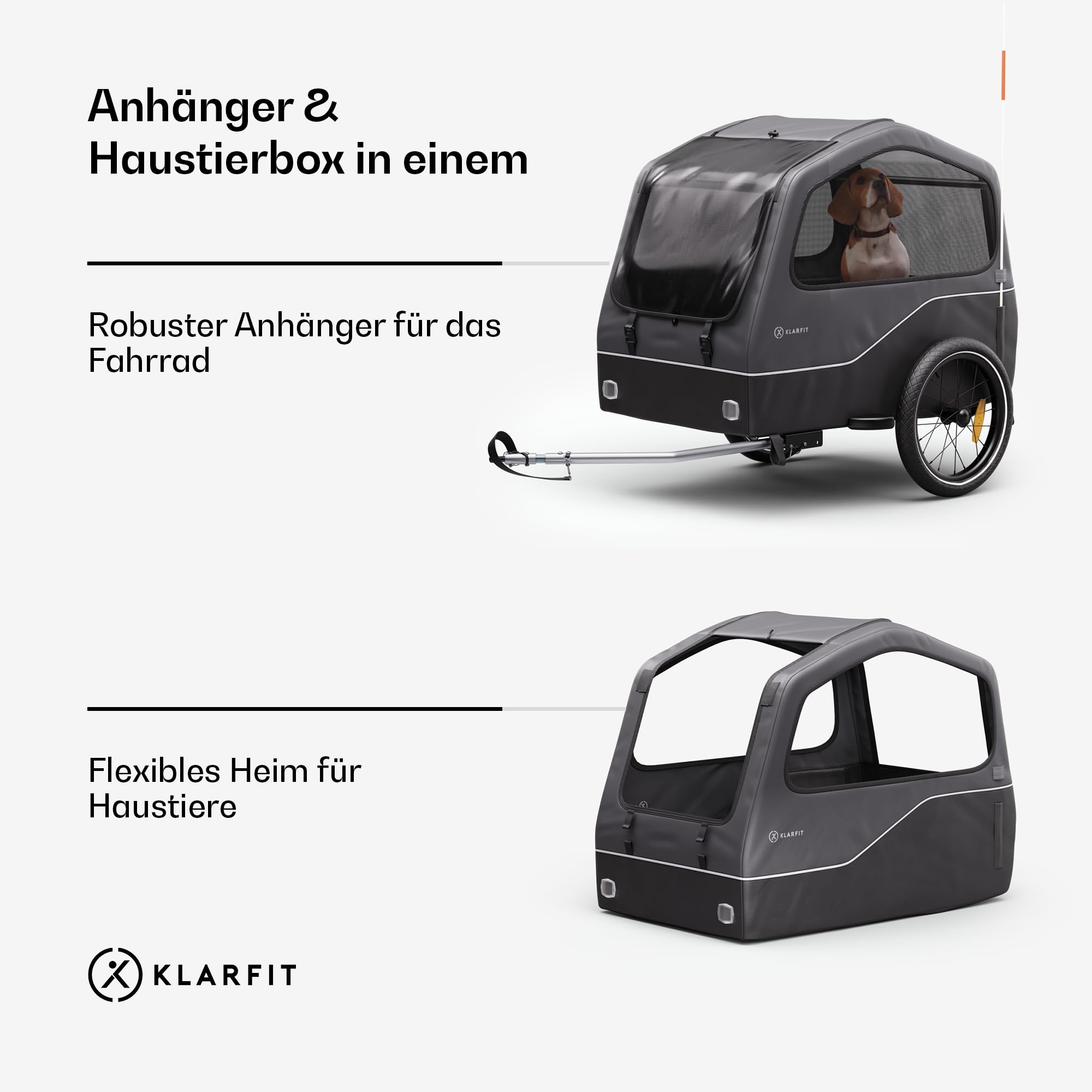 Klarfit Goldie Home Fahrradanhänger für Hunde, 334 L Volumen, Wasserabweisend, Reflektoren & Sicherheitsflagge, 40 kg Tragfähigkeit, Zusammenklappbar, 16-Zoll-Räder, Schwarz