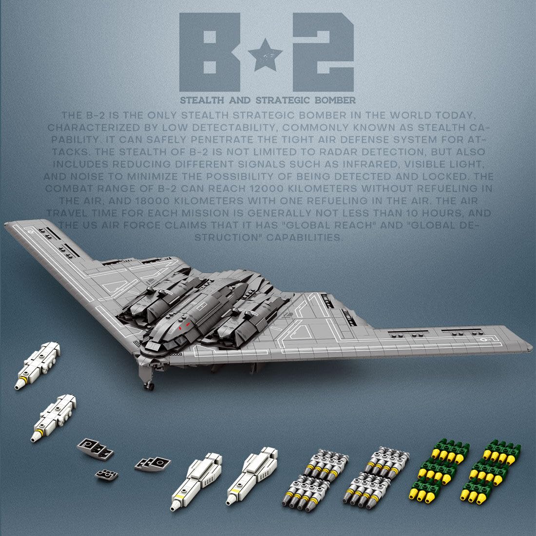 B-2 Strategischer Stealth-Bomber Kampfflugzeug-Flugzeug Klemmbausteine Bauklötze, 1:70 Militär B2 Spirit Bomber mit Waffen Set für Erwachsene-2063 Teile, Entworfen von DarthDesigner