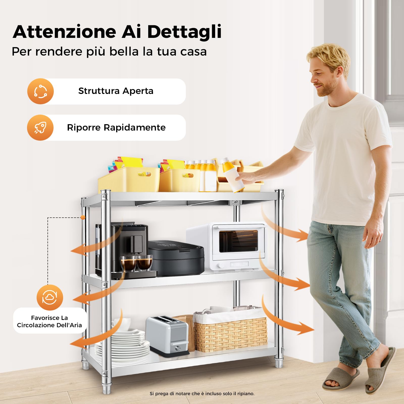 Scaffale da cucina in acciaio inox 80x80x40 cm – 3 ripiani resistenti fino a 30 kg – Tavolo/Scaffale metallico multiuso