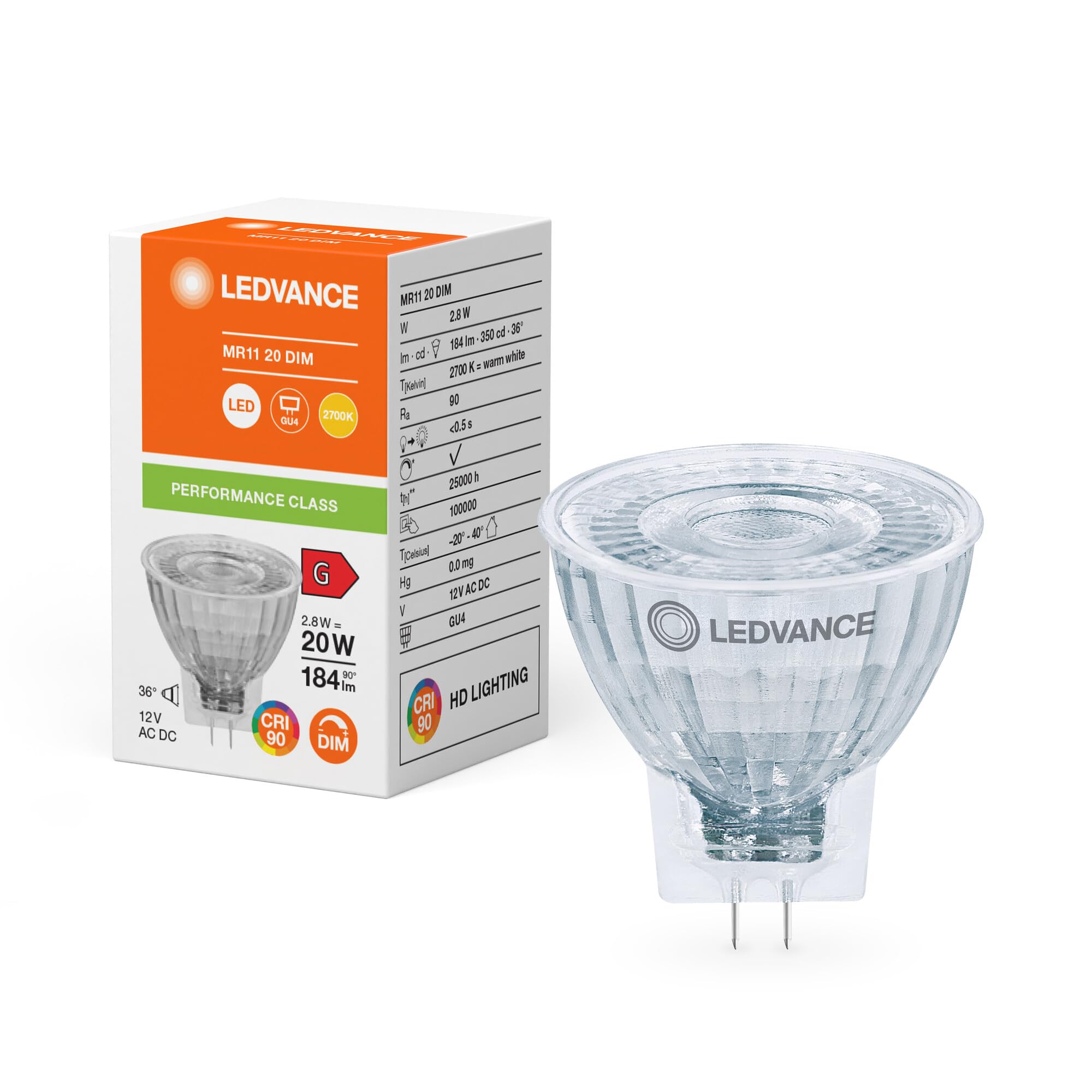 LED MR11 2.8W (20W eqv.) 12V 2700K 36 Degrees RA90 Dimmable Ledvance