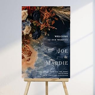 Moody Navy Blue and Burnt Orange Floral Wedding Welcome Sign, Dark Rustic Rose and Pampas Grass Design for Elegant Autumn Ceremony Decor