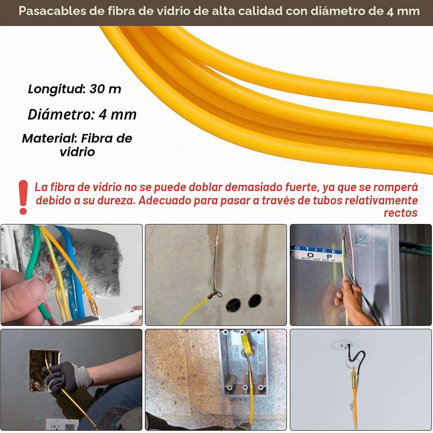 Cinta retráctil Guia Pasacables Trenzada 30m Guia Cables 4mm Alambre De Tracción Fibra de Vidrio Ayuda de Extracción de Cables para Tirar de Cable Guía Enhebrador de Alambre Electrico con Carcasa