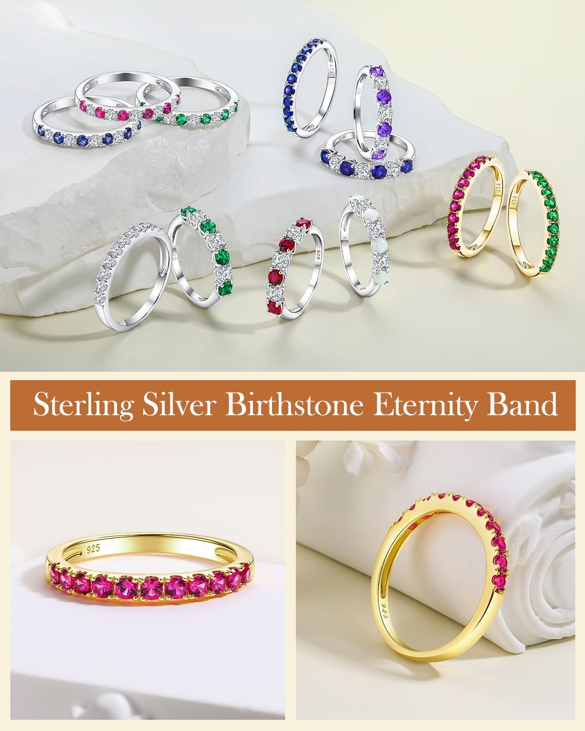 AIBAO Amethyst/Emerald/Ruby/Sapphire/Cubic Zirconia Half Eternity Band Rings for Women Sterling Silver Birthstone Stackable Rings Size 6 to 10 Anniversary Birthday Christmas Jewelry Gift
