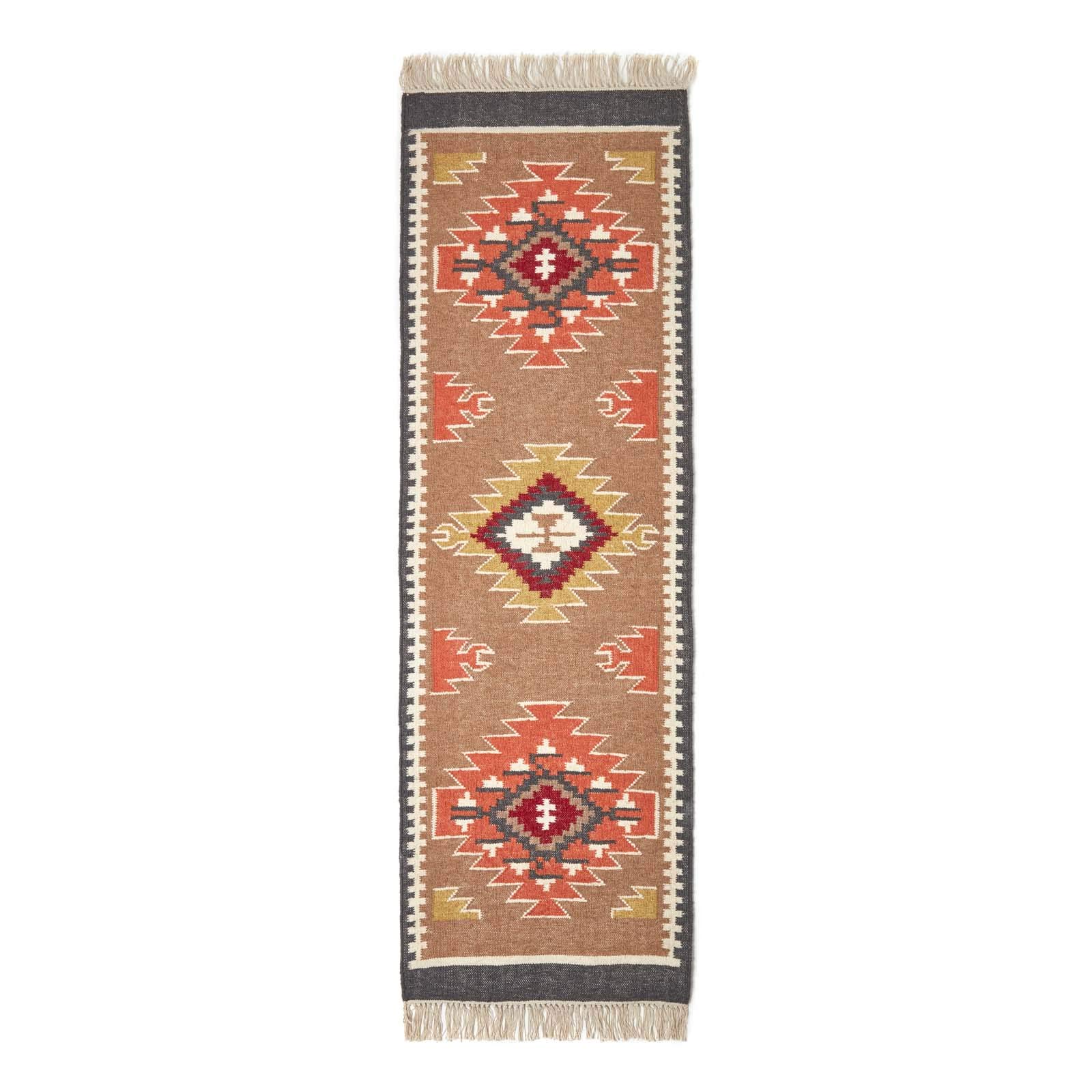 HOMESCAPES Jaipur - Tappeto kilim intrecciato a mano, marrone, arancione e grigio, per corridoio, tradizionale, in lana, con frange, 66 x 200 cm