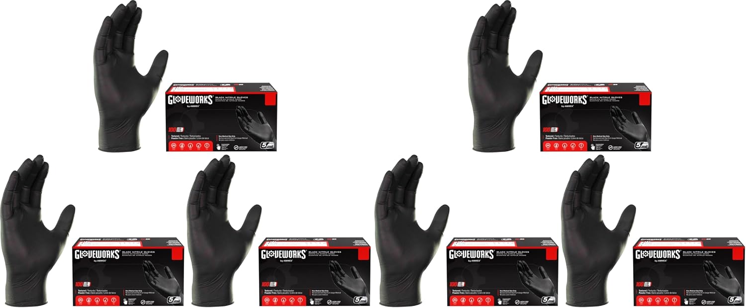 GLOVEWORKS Black Nitrile Gloves 5 Mil Disposable, Latex Free, Textured Grip for Food Service, Cooking, Professional Cleaning