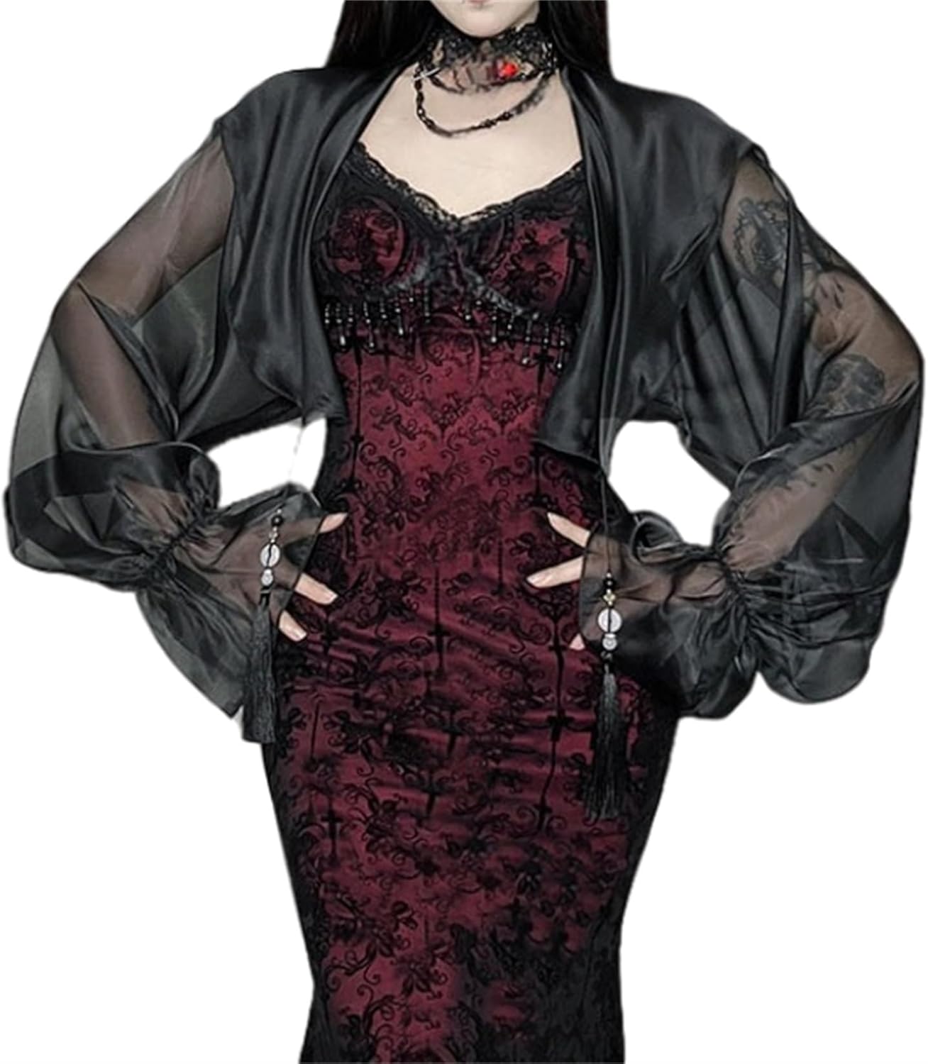 Women Goth Puff Long Sleeve Cropped Shrug Top - Vampire Hoodie Sheer Mesh Bolero Emo Evening Dresses Formal - Image 7