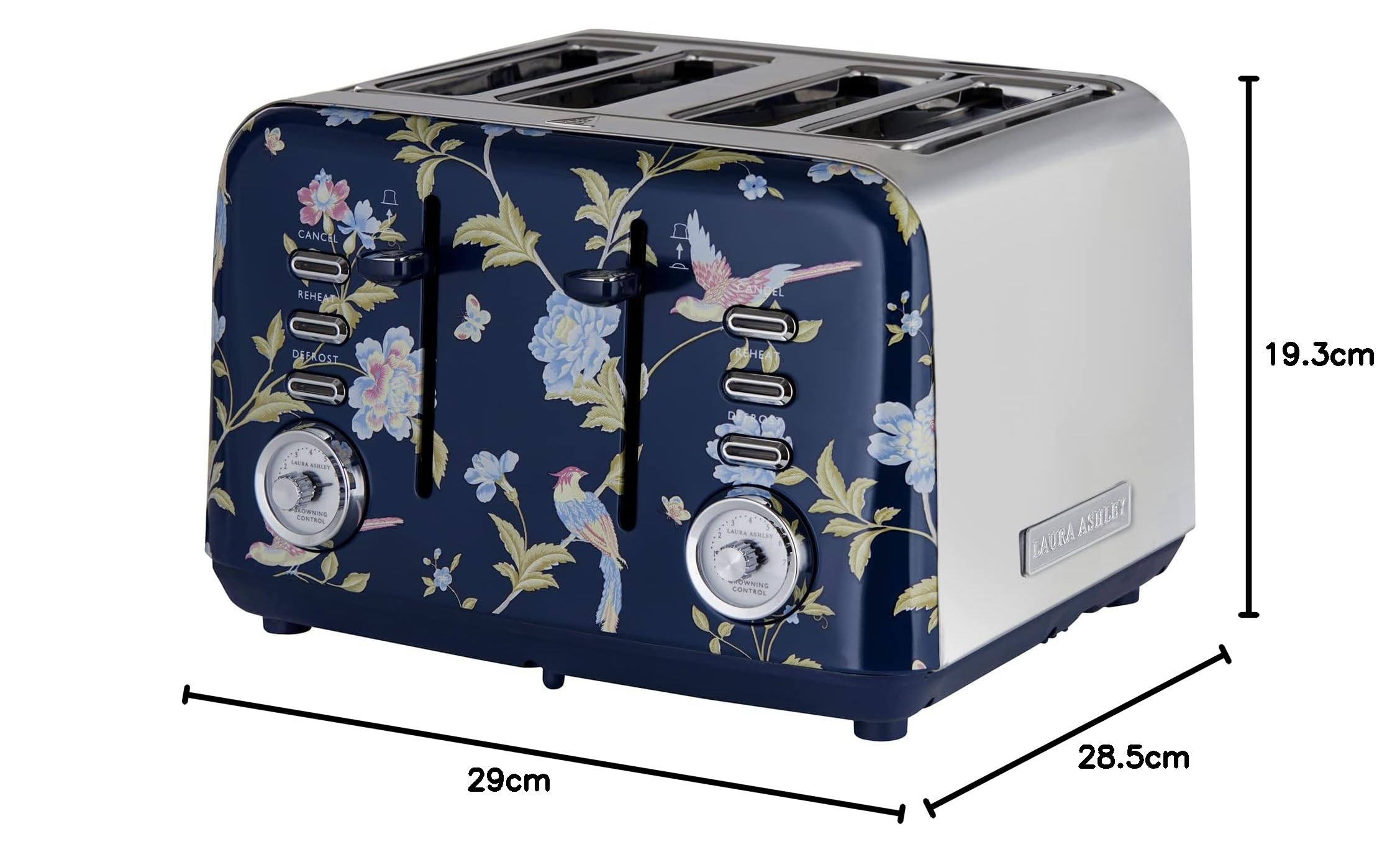 VQ Laura Ashley Elveden Navy Tostadora Acero Inoxidable 4 Ranuras | Modos Calefacción Descongelación Recalentamiento Ajustables Vintage Soporte Calentar Croissants