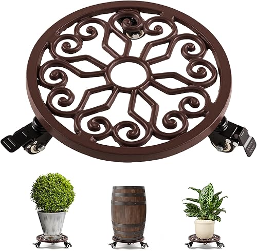 Idzo Carrito de alta resistencia con capacidad de 350 libras, organizador para macetas con ruedas, soporte para plantas de hierro fundido resistente