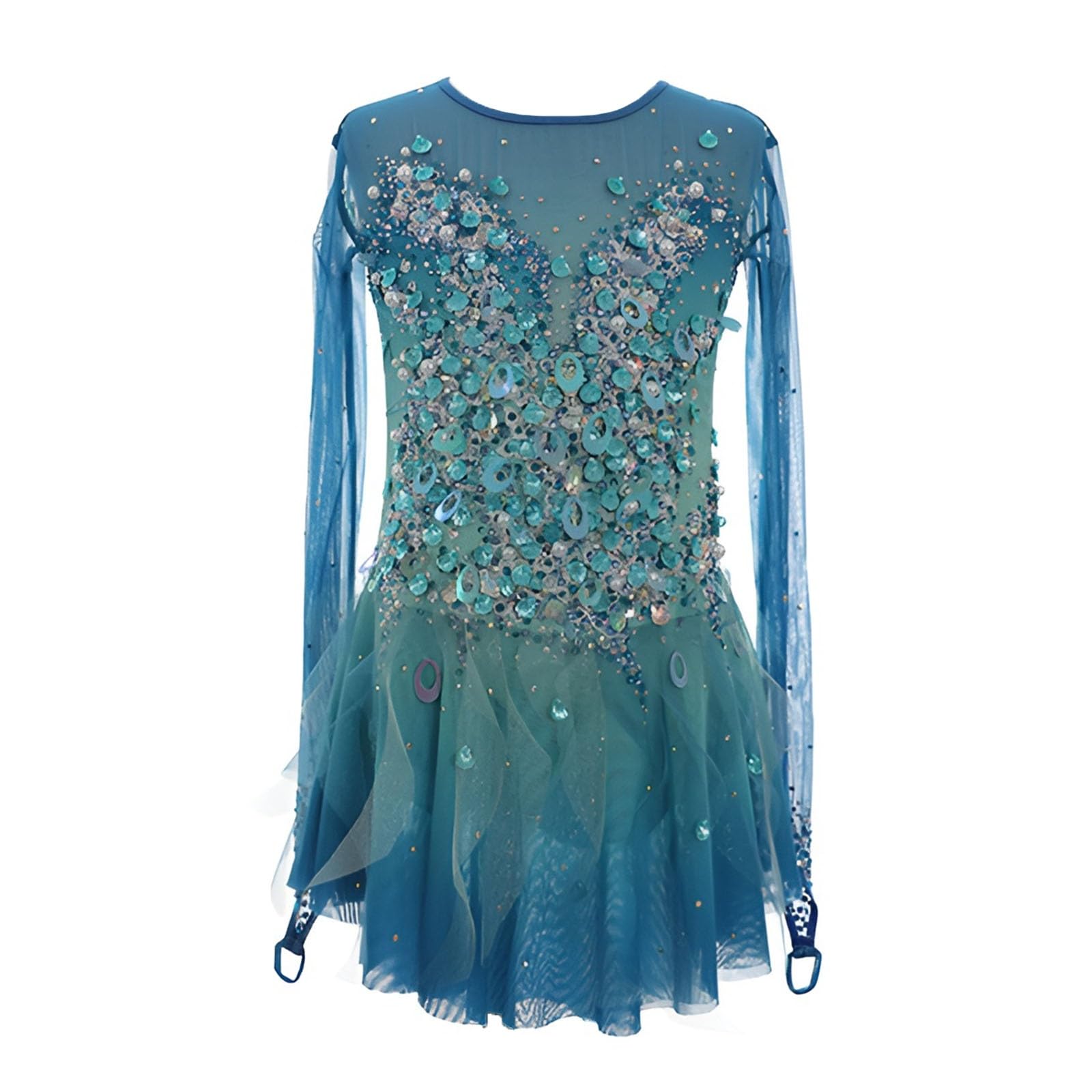 Long Sleeves Figure Skating Dress for Girls, Women’s High Elasticity Sparkly Ice Skating Dress for Competition(XX-Large) Blue