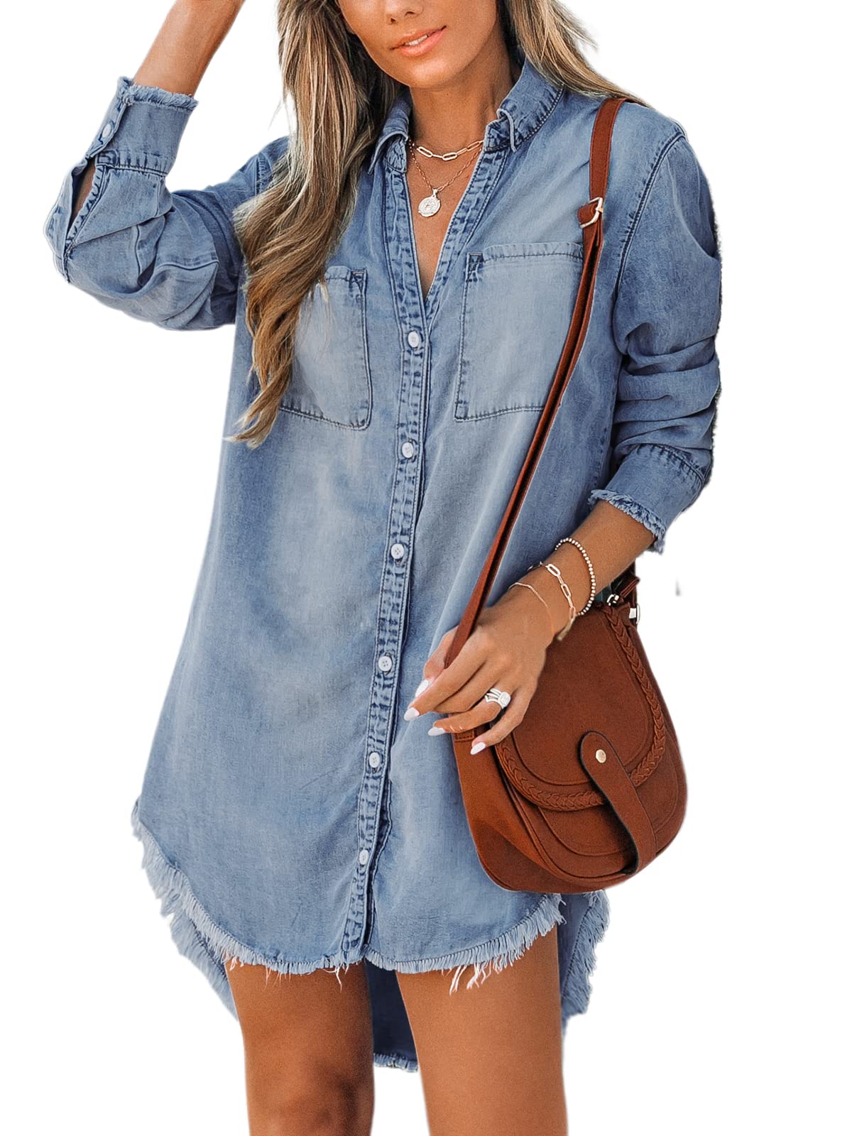 Women Denim Shirt Mini Tunic Dress Casual Oversized Autumn Long Sleeve Frayed Hem Tops Blouse with Pockets