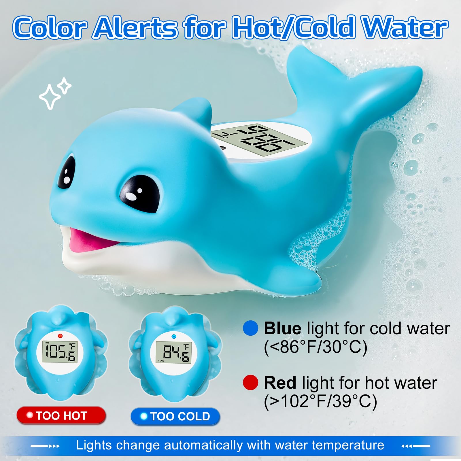 Termometro da bagno per neonato, termometro digitale per la temperatura dell'acqua, giocattolo da bagno galleggiante con delfino, display °C/F, impermeabile e senza BPA