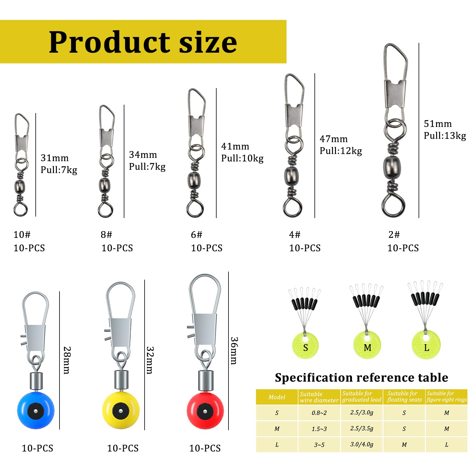 CONNECTION 180 pz Tappi di Gomma per Pesca 6 in 1 Stopper da Pesca 50 Girelle da Pesca con Moschettone 2/4/6/8/10#, 30 Fagioli Girevoli Connettori Galleggiante S/M/L Accessori per Pesca in Mare Laghi