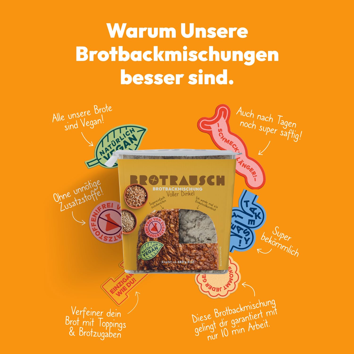 Brotrausch Dinkelvollkornbrot Backmischung (8x 400g) – Urkorn Dinkelbrot - Natürlich, Vegan & Ohne Zusätze – Ballaststoff- und Proteinreiches Vollkornbrot