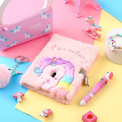 Miniatura 7 de Juego de cuadernos de peluche con diseño de unicornio y perro, cuaderno esponjoso para niñas, diario privado, bloc de notas con candado, bolígrafo
