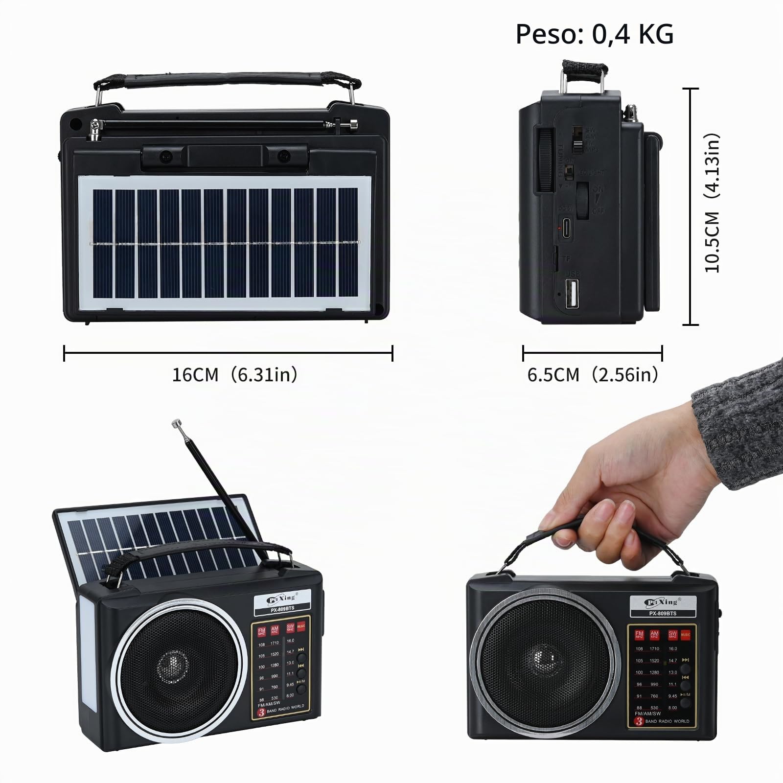 Radio Am/FM/SW Bluetooth Retro portátil y compacta con Panel Solar, iluminación LED portátil, batería Recargable, Reproductor MP3 Compatible con Tarjeta TF/USB (Negro)
