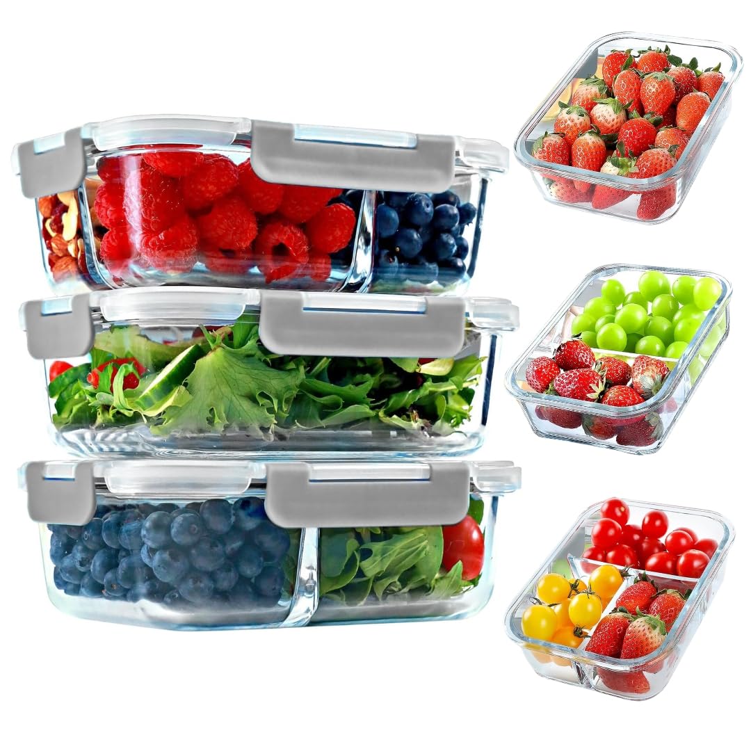 MINIMARG 3-Packs 35OZ Glass Food Storage Containers with Lids Airtight, Leak Proof, Glass Meal Prep Container for Lunch, and Storage, Lunch Boxes for Freezer to Oven Safe, 1, 2, 3 Compartment (Grey)
