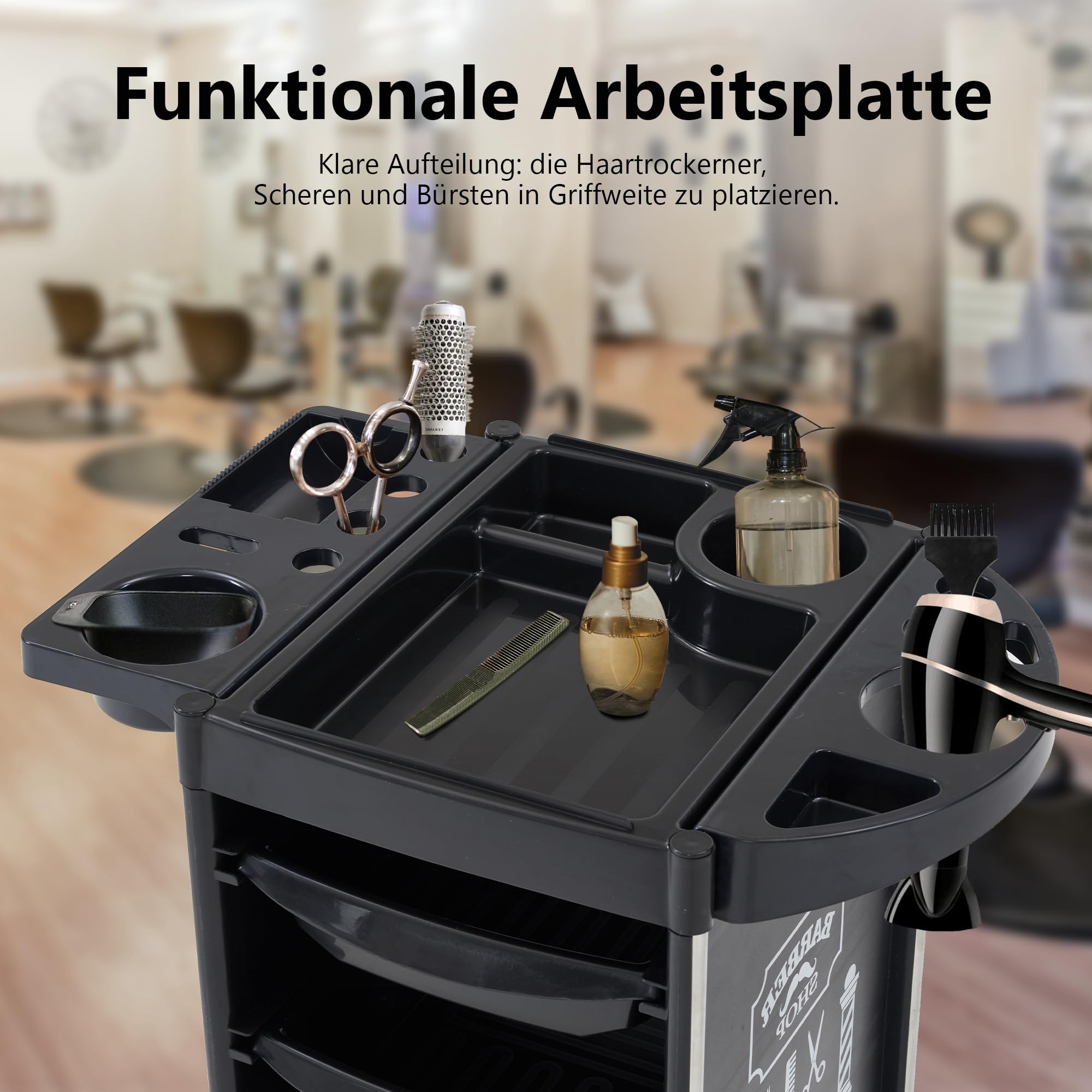 Barberpub Friseurwagen mit 4 Schubladen und Rollen, Drehbar, 36 x 52,5 x 84,5 cm, Schwarz