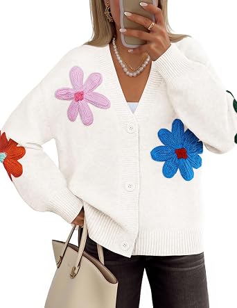 ZESICA Womens 2026 Spring Floral Cardigan Sweaters Casual Long Sleeve Open Front Button Down V Neck Knit Sweater