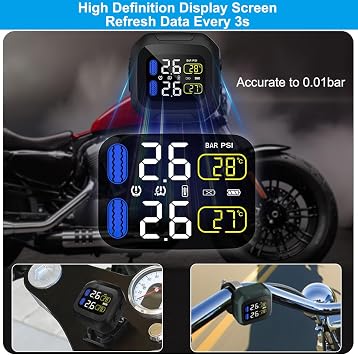 OBEST Upgrade Motorcycle TPMS Tire Pressure Monitor System with 2 External Sensors, USB Rechargeable IP67 Waterproof Motorcycle TPMS, LCD Display Motorbike Tyre Temperature Alarm
