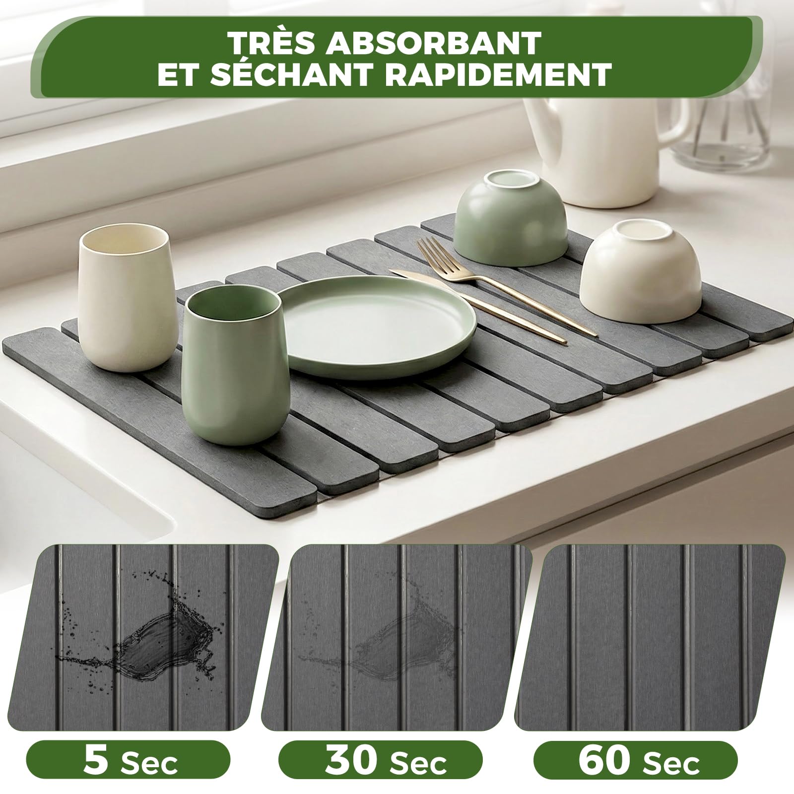Tapis Egouttoir Vaisselle 60 x 40 cm - Tapis Vaisselle Absorbant en Terre de Diatomées, Hautement Absorbant, Séchage Rapide, Antidérapant, Usage Cuisine (Gris Foncé, 60 x 40 cm)