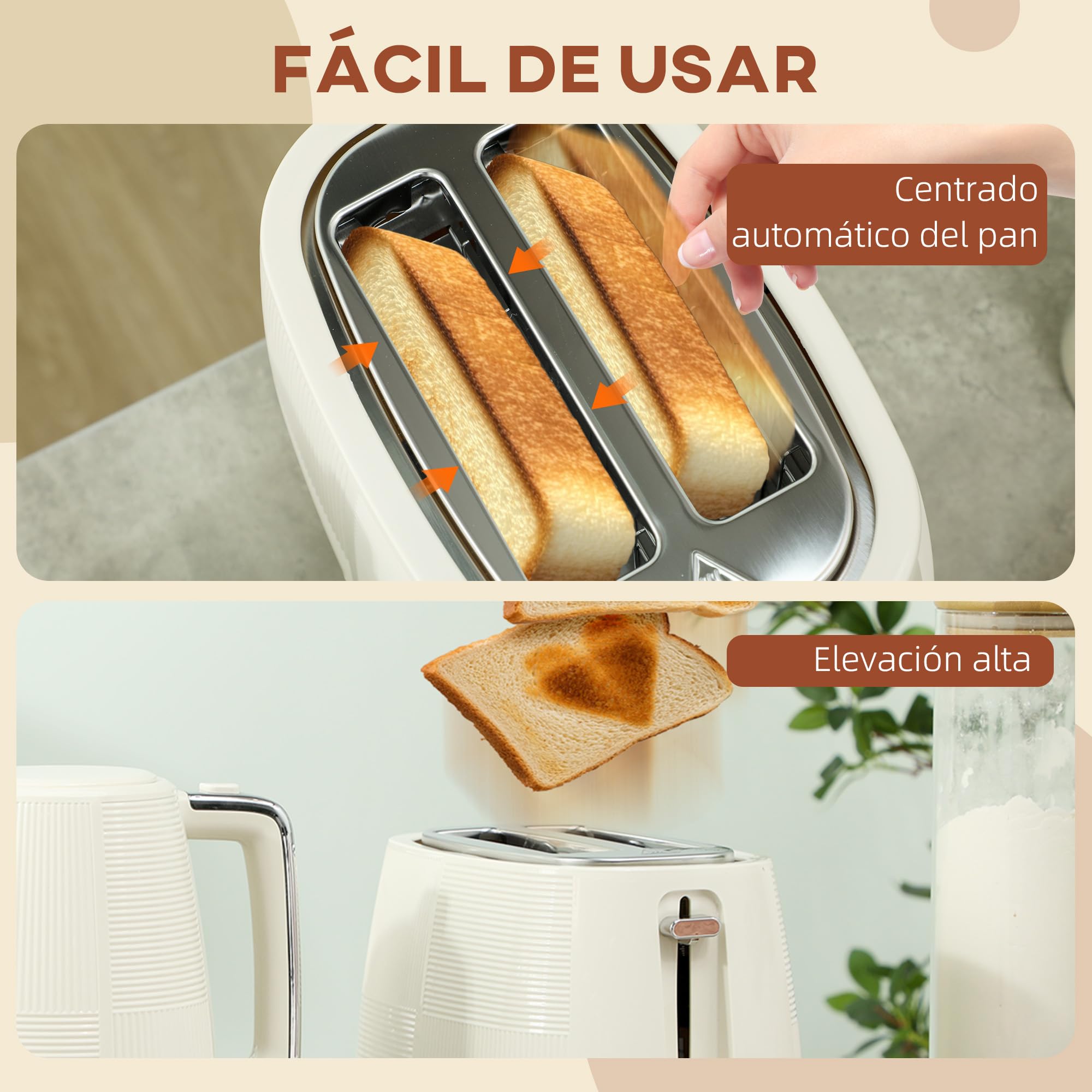 HOMCOM Juego de Tostador y Hervidor 2200W Hervidor de Agua Eléctrico de Acero Inoxidable 1,7L Tostadora Pan Ranura Ancha para 2 Rebanadas 3 Funciones Crema