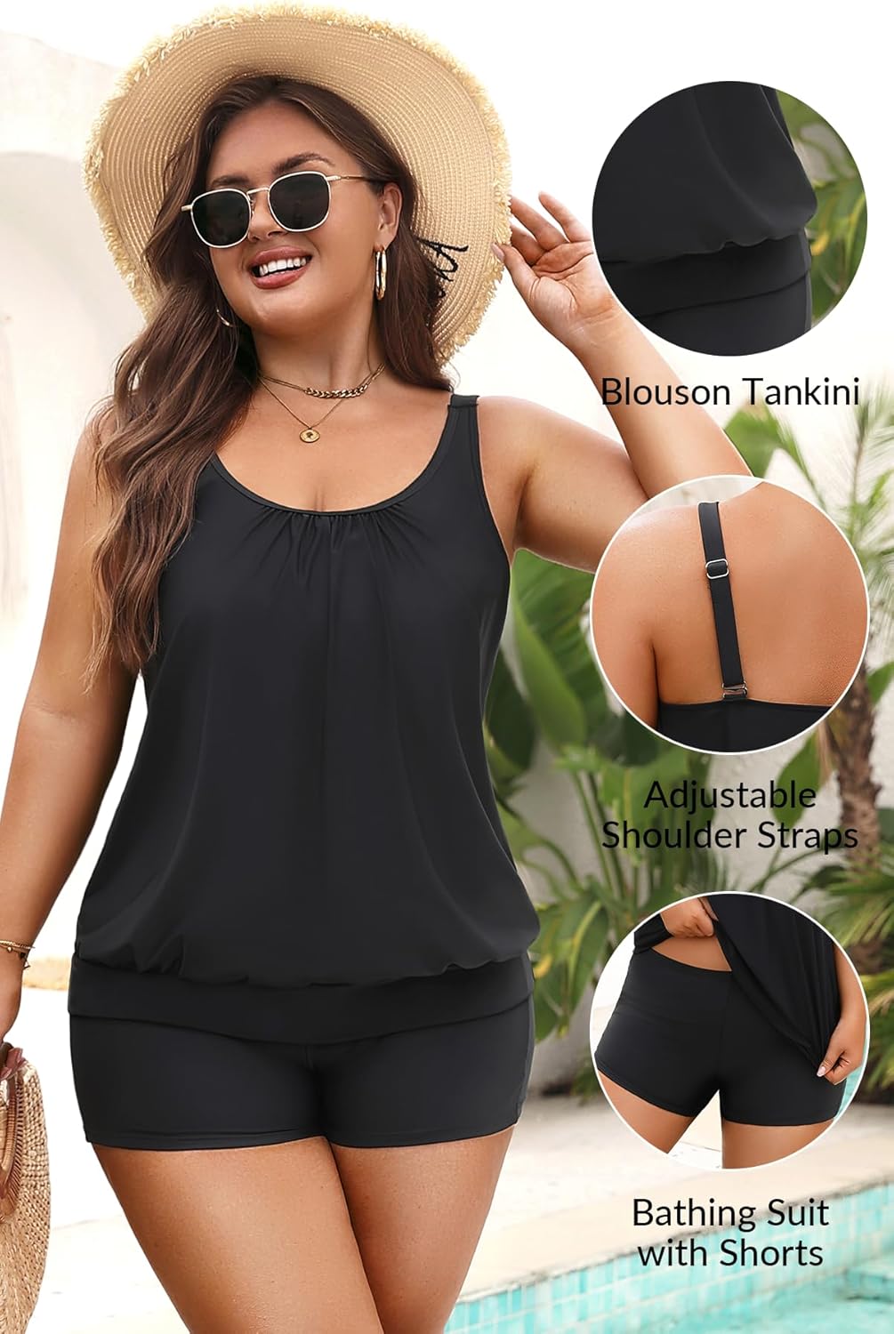 Yonique Plus Size Tankini Swimsuits for Women Blouson Tankini Tops with Swim Shorts Two Piece Bathing Suits