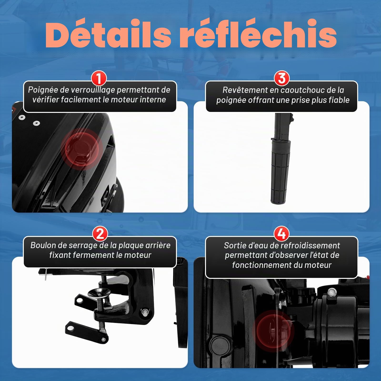 Moteur à essence hors-bord 6 CV 2 temps avec refroidissement par eau et allumage CDI, convient pour bateau pneumatique, bateau de pêche, voilier, yacht, bateau de pêche à la ligne, bateau à moteur