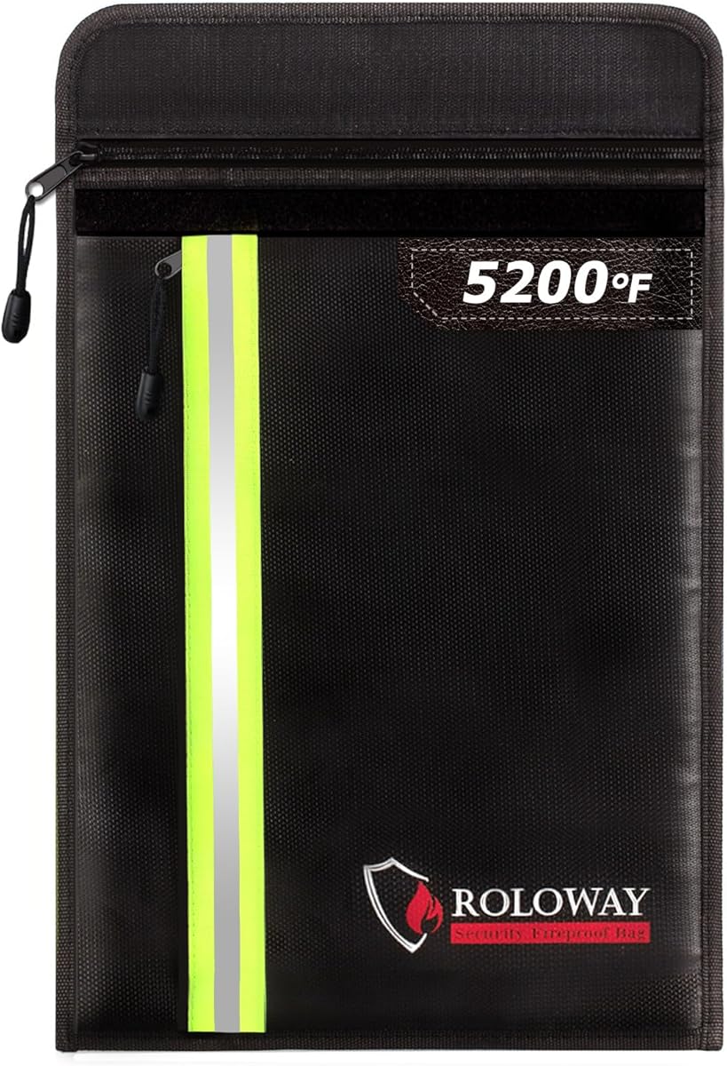 ROLOWAY Fireproof Document Bag (15.5 x 11.5 inch) with 2 Pockets and 5200℉ Aluminum Foil Layer, Fireproof Bag for Document Safe (Black)