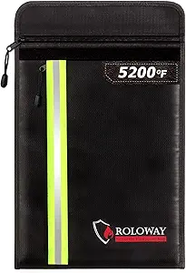 ROLOWAY Fireproof Document Bag (15.5 x 11.5 inch) with 2 Pockets and 5200℉ Aluminum Foil Layer, Fireproof Bag for Document Safe (Black)