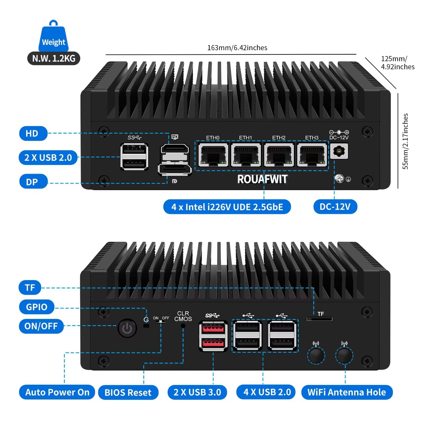 Mini PC Firewall N150 (Upgraded N100), Micro Computer OPNsense Appliance, DDR5 NO RAM NO SSD, 4 x 2.5GbE i226V LAN Fanless Hardware, TF Slot, Support 1v4 Nvme Adapter