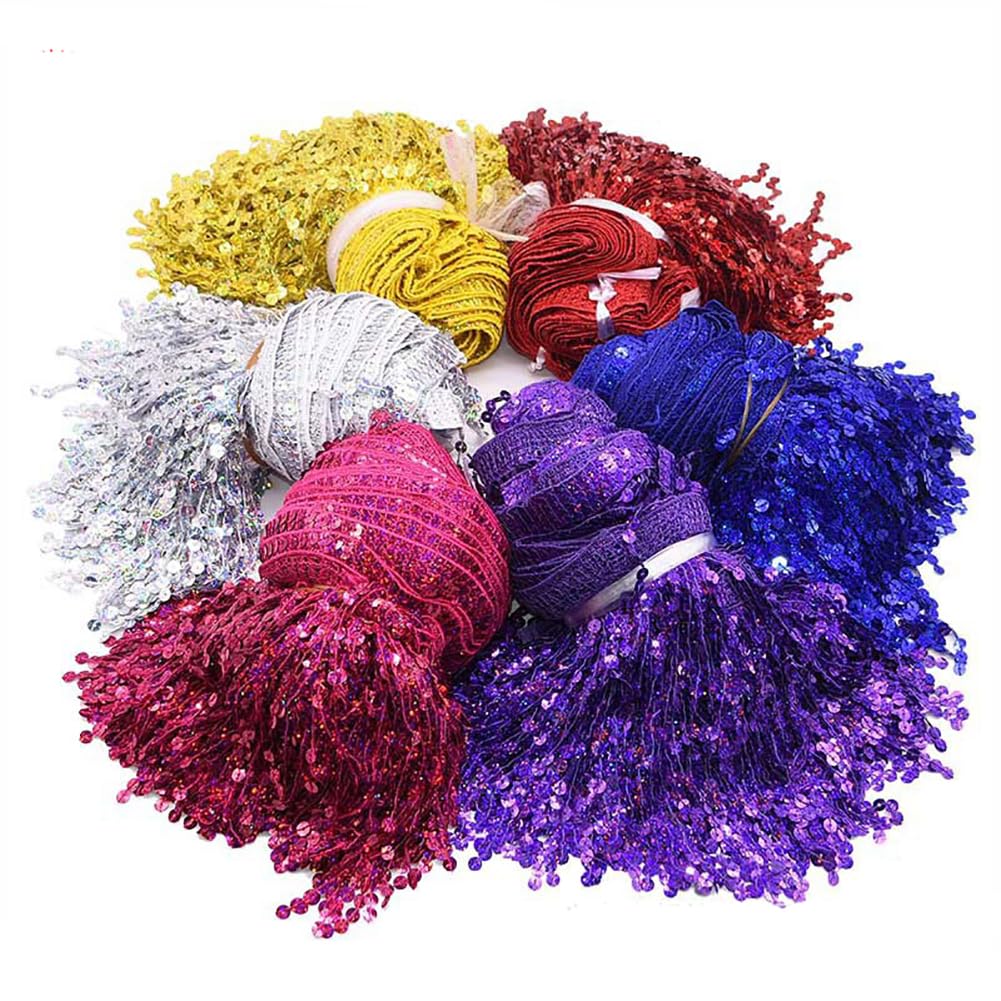16cm x 10 Yard Fransenborte mit Pailletten Fransenband Paillettenborte zum Annähen Quastenbesatz Glitzer Quastenbesatz Borte Tirm Tanzfransen Nähzubehör Pailletten FransenRot