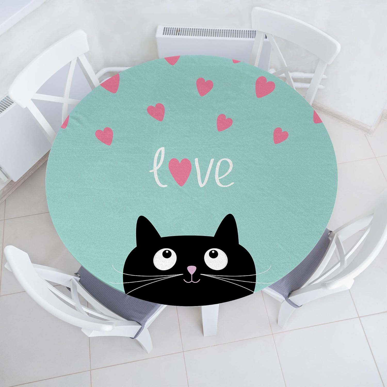 Lunarable Valentines Fitted Round Tablecloth, Kitty Heart Cat Companions Illustration, All Around Elastic Fabric Table Cover, 40"- 44" Diameter, Seafoam Pink Black