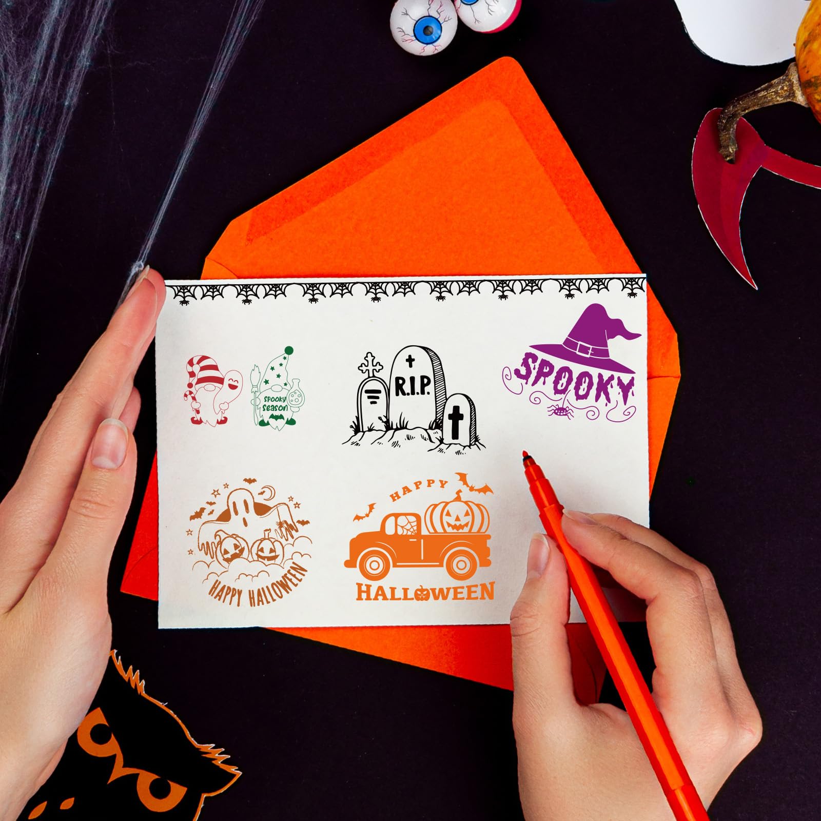 Whaline 5 Blatt Halloween Clear Stamps Gnom Kürbis Spinne Silikon Transparent Stempel Trick or Treat Border Stempel Karten für DIY Kartenherstellung Scrapbooking Prägung Album Dekor