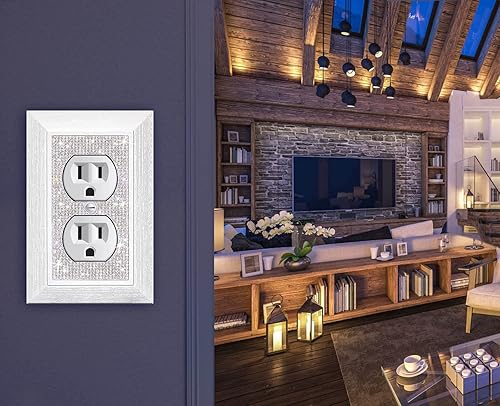 Miniatura 3 de Placas de pared brillantes para tomas de corriente, bonitas cubiertas con purpurina, diamantes de imitación plateados, textura blanca, placa de