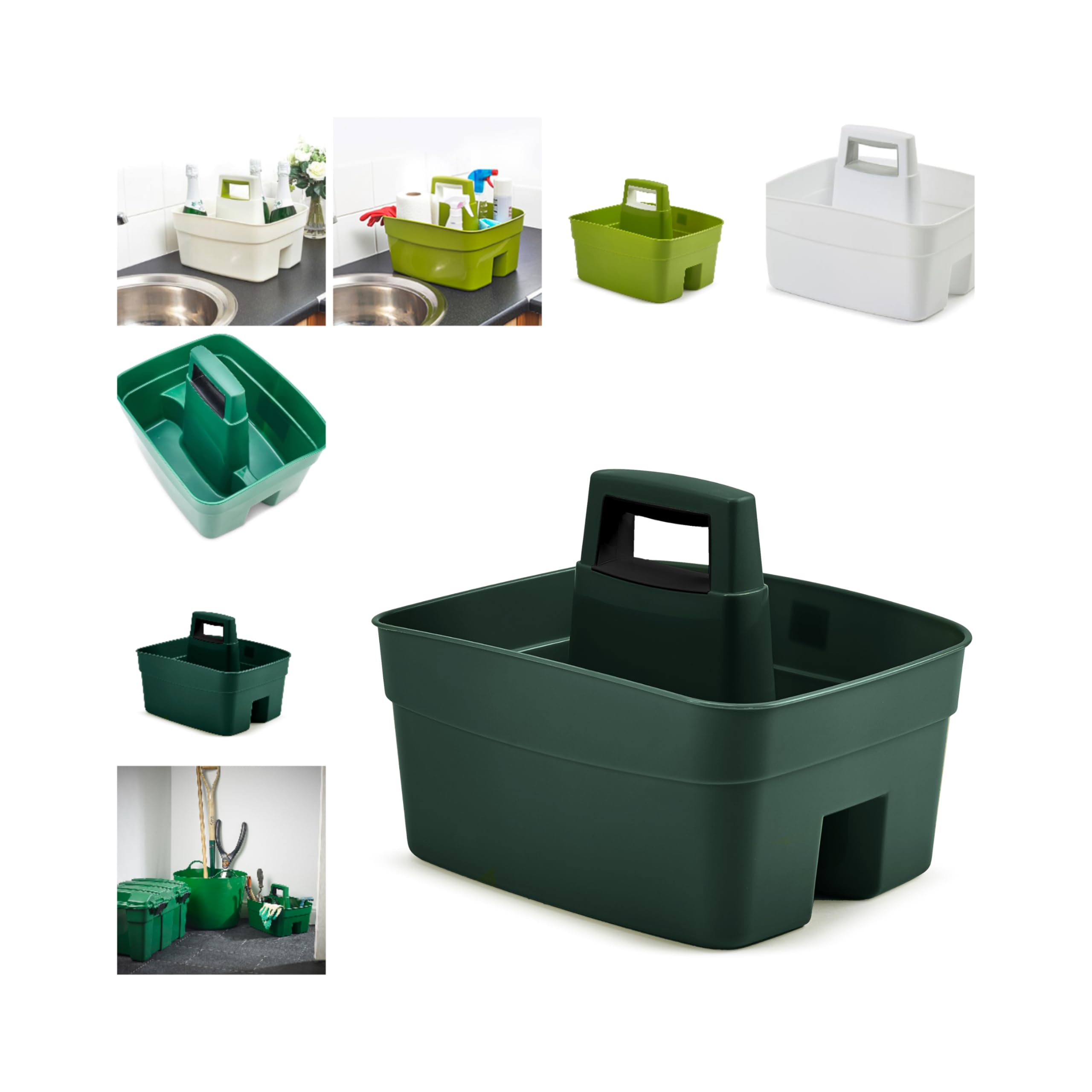Homey Mart Kitchen Caddy with Handle, Dual Compartment Storage Organiser for Cleaning Supplies, Kitchen and Garden Use, Heavy Duty, Available in Green, White, Cream, Dark Green (Dark Green)