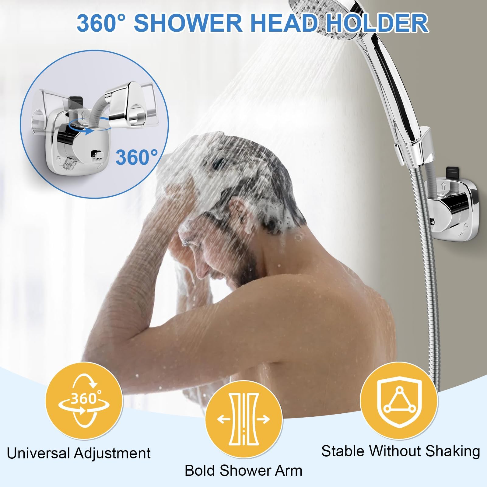 MAKABEE Shower Head Holder Suction, 360° Adjustable Handheld Shower Mount, No Drill Tool-Free Install, 10kg Strong Grip & Storage Hook, Waterproof for Wall & RV 1