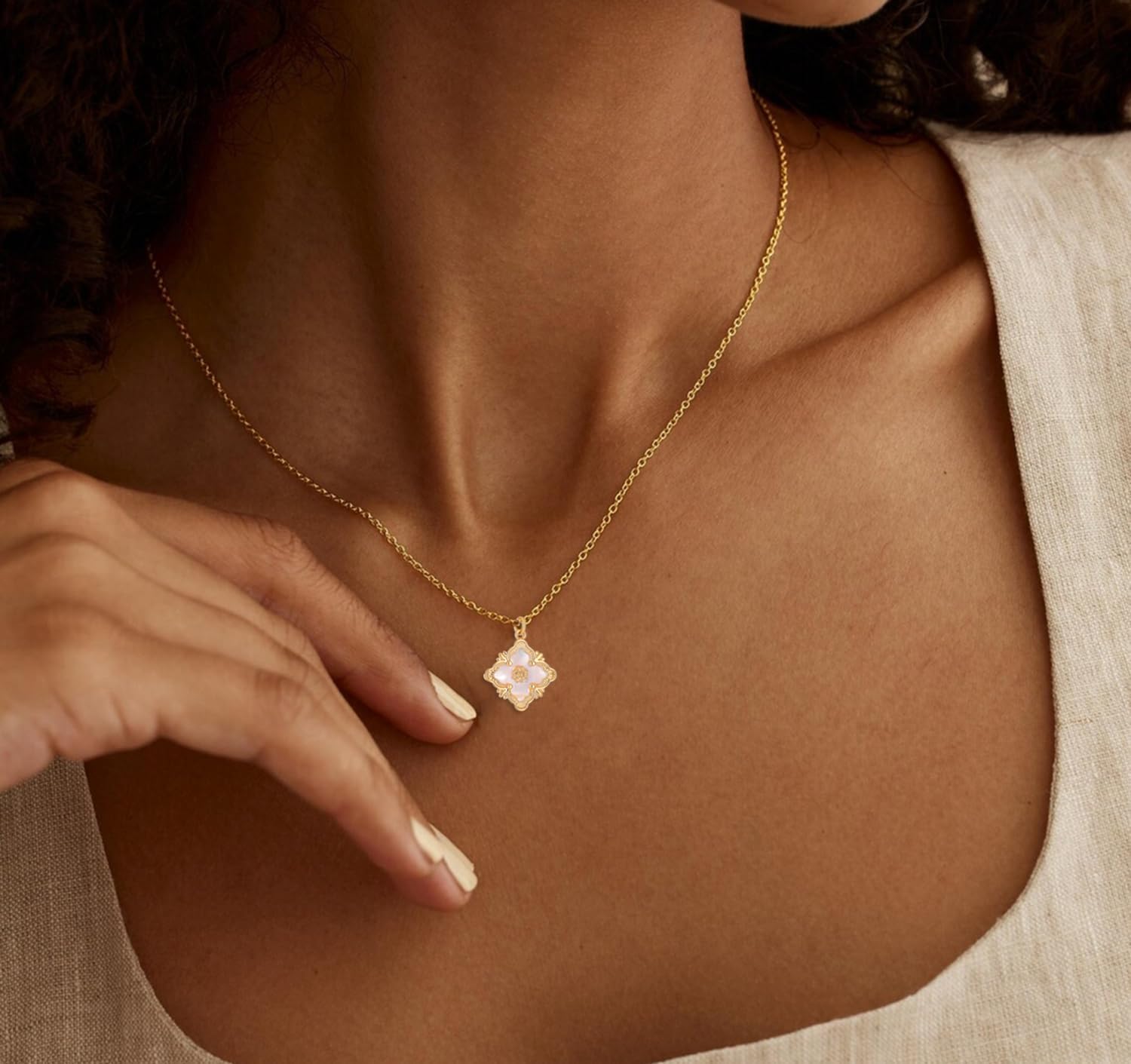 Clover Necklace for Women - 14K Gold Plated Mother of Pearl Four Leaf CZ Pendant Necklace Lucky Charm Jewelry Gifts for Women - Image 2