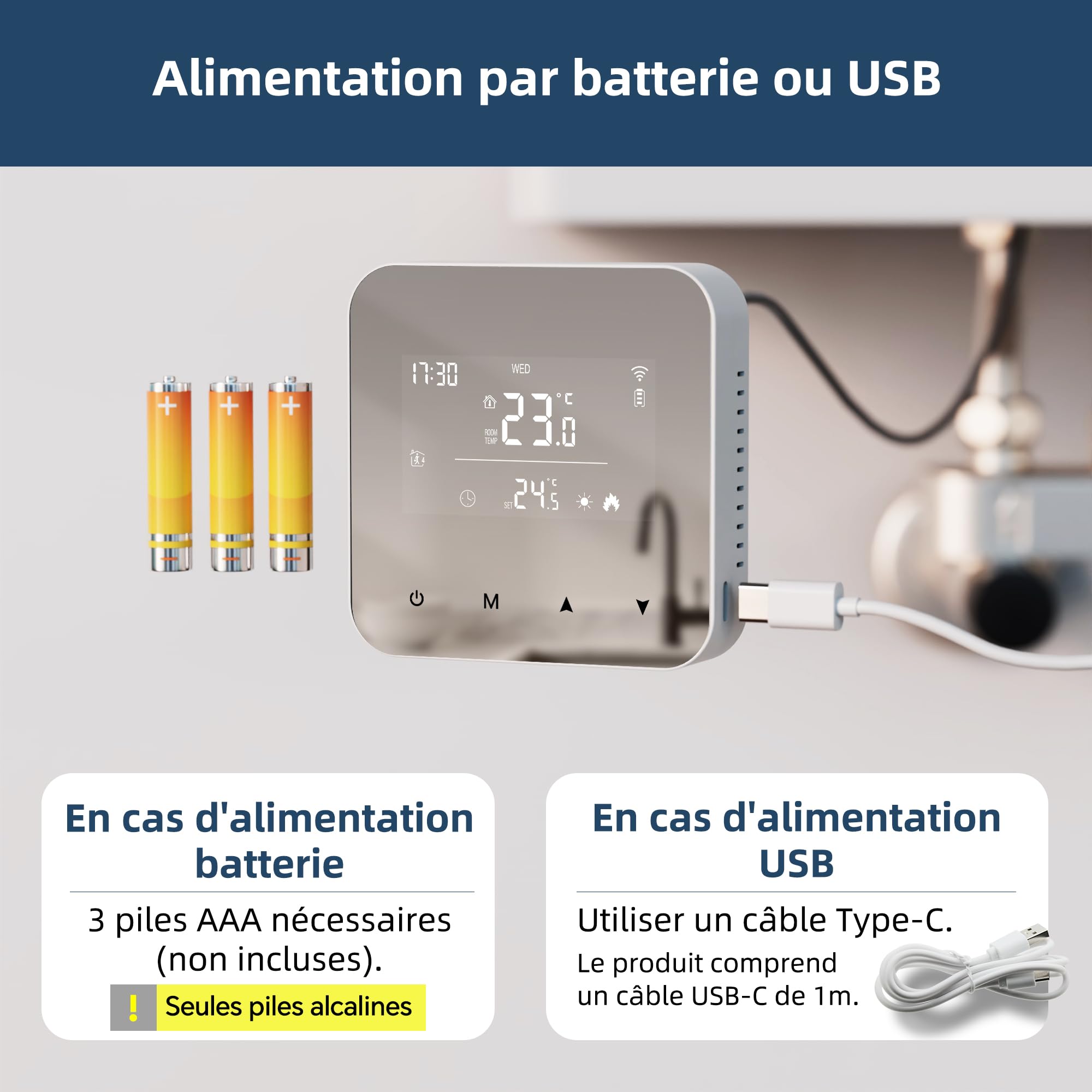 Beok Thermostat WiFi pour chaudières gaz et fioul,Thermostat Mural à 2 Fils,Programmation Quotidienne,Alimentation par Pile ou USB,Compatible avec Tuya Smart APP,Alexa