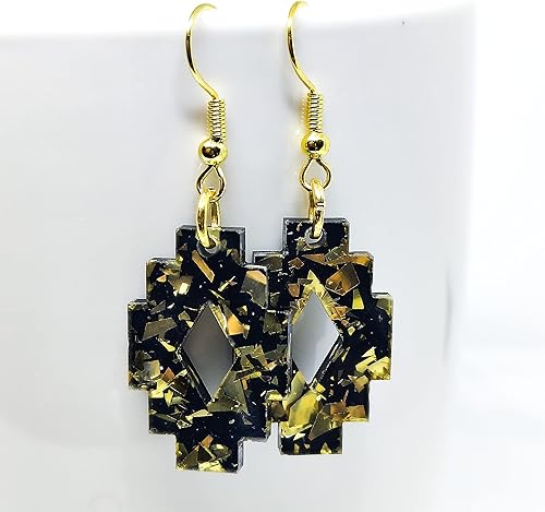 Miniatura 4 de Boho Black and Gold Sparkle Dangle & Drop Earrings, Handmade, Metal for Sensitive Ears- Statement Earrings (Aztec Dangle Earrings)