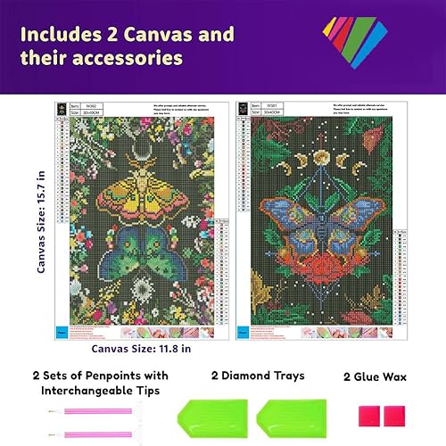 Miniatura 3 de OFRKE Kit de pintura de diamante de 2 piezas para adultos, diseño de mariposa y luna, para adultos, taladro completo redondo 5D, kit de arte de