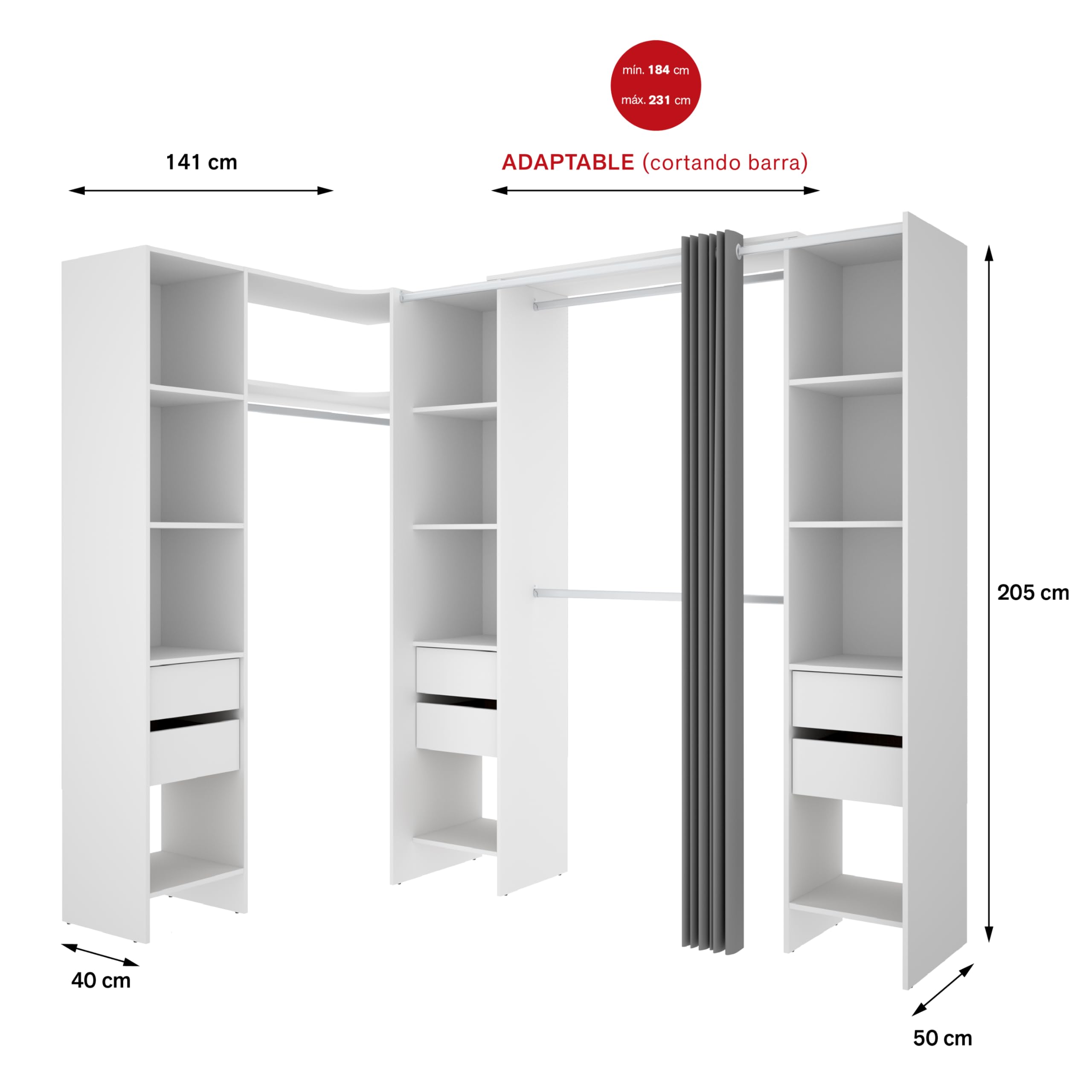 DEKIT GRUPO RIMOBEL SUIT - Conjunto de Vestidor rinconero con dos columnas, zona de barras y cortina - Blanco - 205 x 164-234 x 141 cm