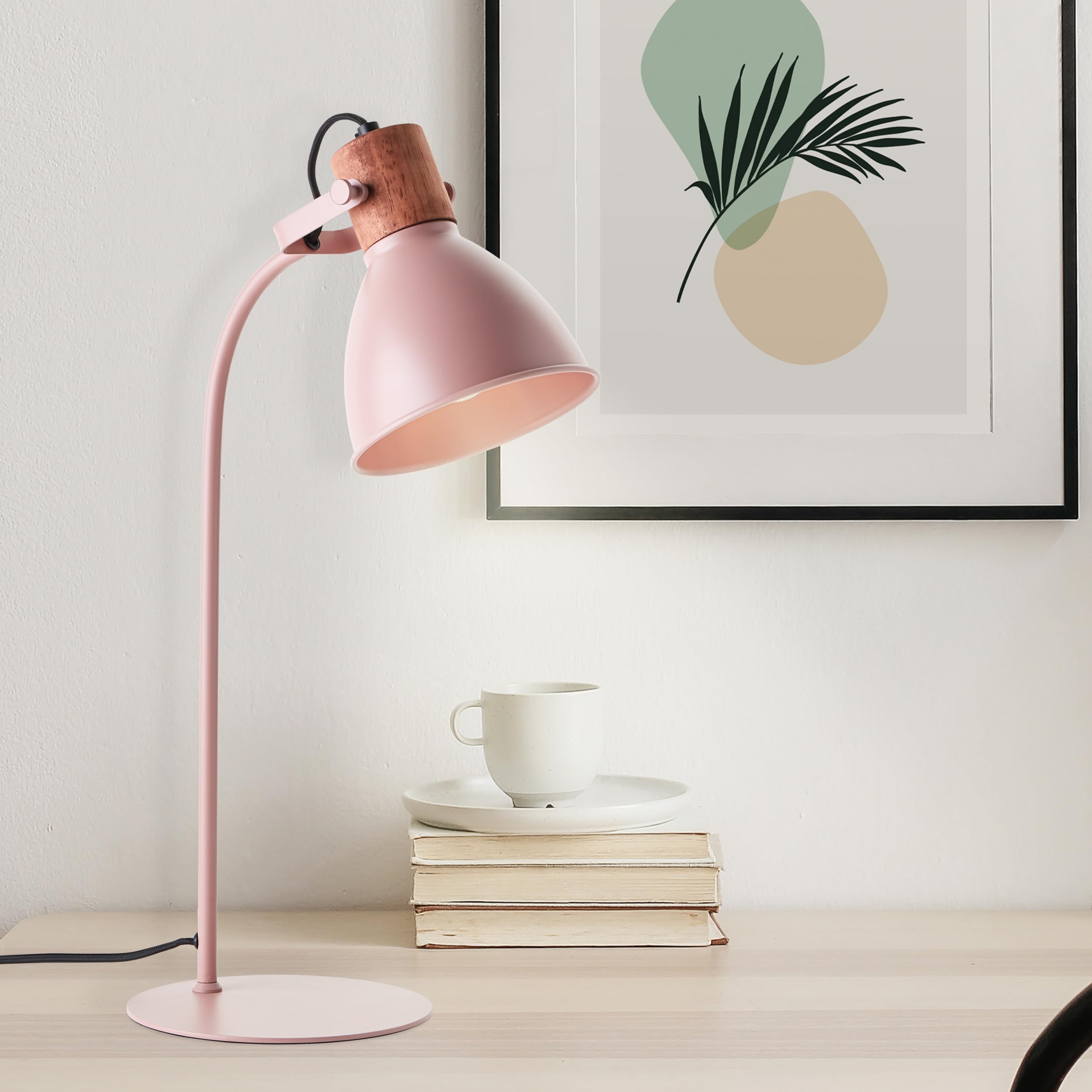 Lightbox skandinavische Schreibtischlampe - 52 cm Höhe - Tischleuchte mit Schalter & schwenkbarem Kopf - E27, max. 40 W - Metall/Holz aus Kautschukbaum - in Hellpink/Hellbraun